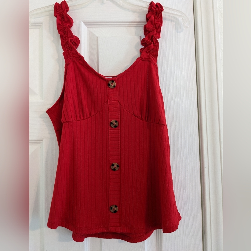 No Boundaries Red Shirt ruffled straps w/ wood like buttons